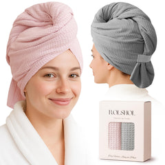 ROLSHOL two-pack pink microfiber hair towel wrap for quick drying and frizz control.