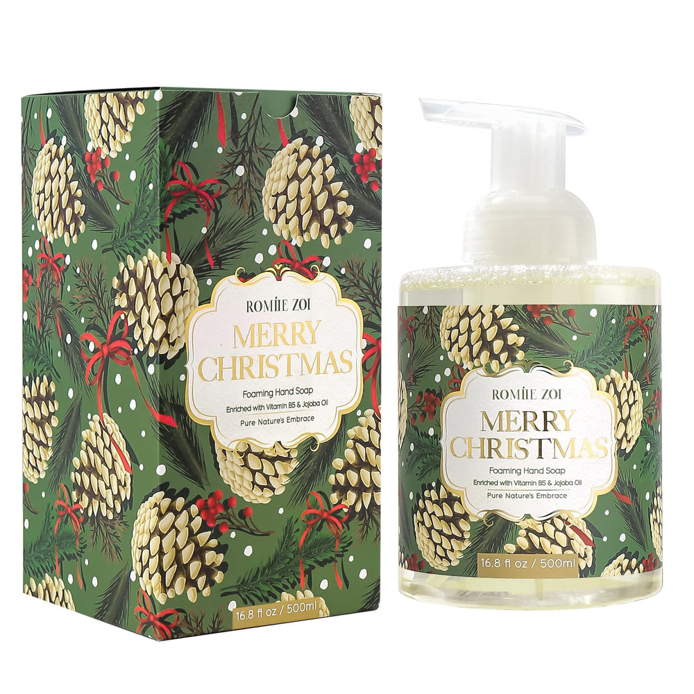 ROMIIE ZOI Christmas foaming hand soap bottle with festive design for seasonal handwashing.