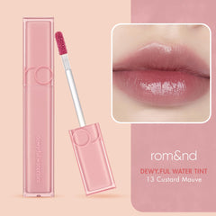 rom&nd DEWY·FUL Water Tint 13 Custard Mauve swirls show buildable color