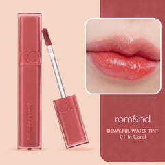 rom&nd DEWYFUL Water Tint coral hydrates lips with botanical extracts