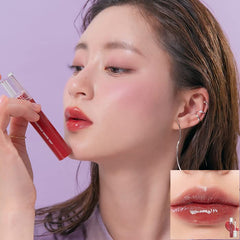 rom&nd Glasting Water Tint Rose Stream swatches highlight glossy finish and moisturizing comfort.