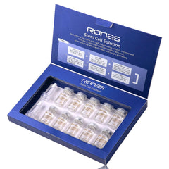 Ronas Stem Cell Solution ampoules label close-up emphasizes plant stem cells and hyaluronic for lasting hydration.