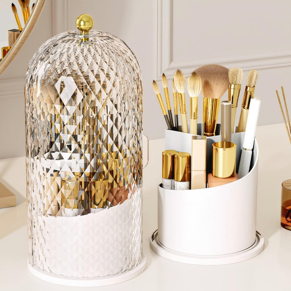 RONGZHIERK makeup brush holder with lid keeps brushes dust-free and neatly organized on your vanity.