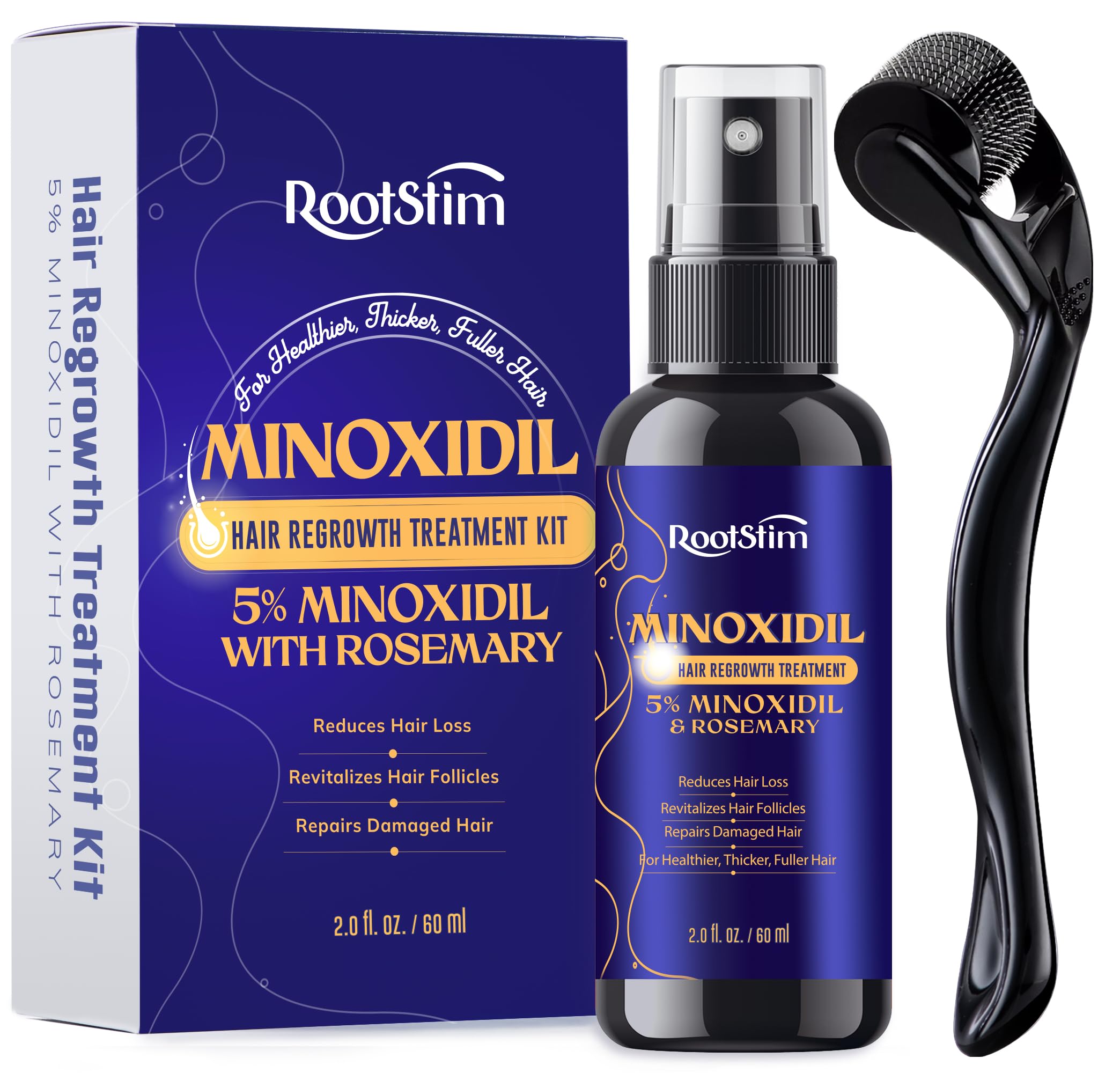 RootStim 5% Minoxidil spray bottle for visible scalp support in thinning areas.