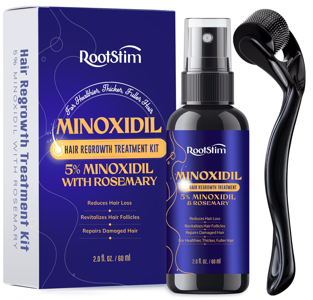 RootStim 5% Minoxidil spray bottle for visible scalp support in thinning areas.