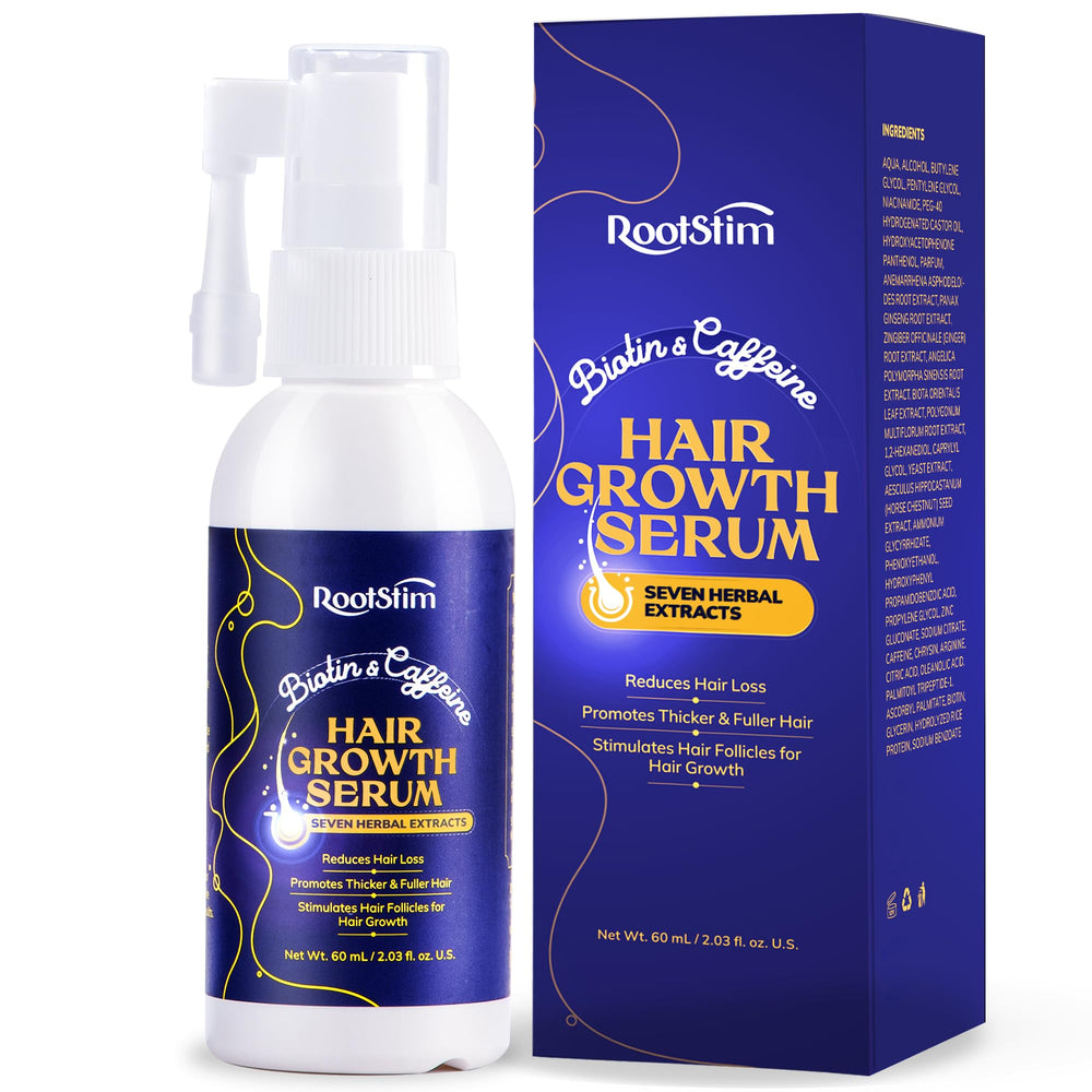 RootStim Hair Growth Serum bottle close-up showing nourishing formula
