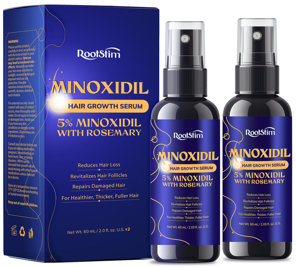RootStim minoxidil 2-pack bottle close-up for precise at-home scalp treatment.