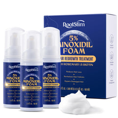 RootStim minoxidil foam bottle for daily scalp treatment of thinning hair.