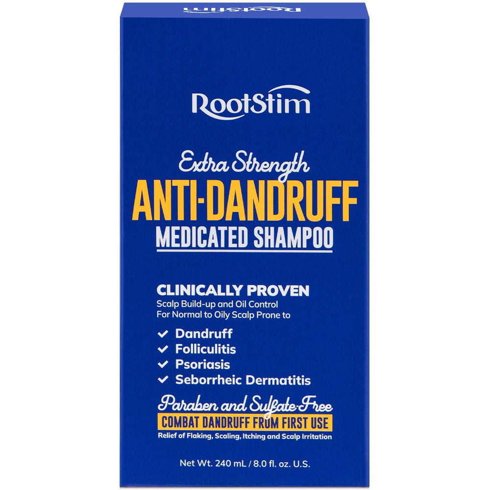 RootStim seborrheic dermatitis shampoo bottle targets dandruff and scalp irritation.