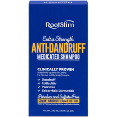 RootStim seborrheic dermatitis shampoo bottle targets dandruff and scalp irritation.
