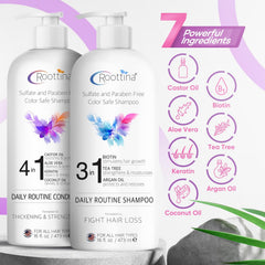 Roottina daily routine conditioner bottle provides moisture for softer, shinier hair.