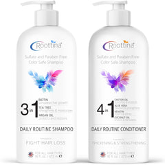 Roottina daily routine shampoo bottle promotes thinning hair support and fullness.