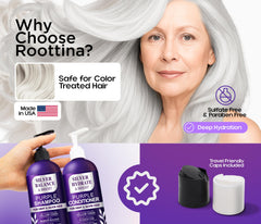Roottina gray-silver hair tone visual emphasizes brass-neutralizing effect and shine.