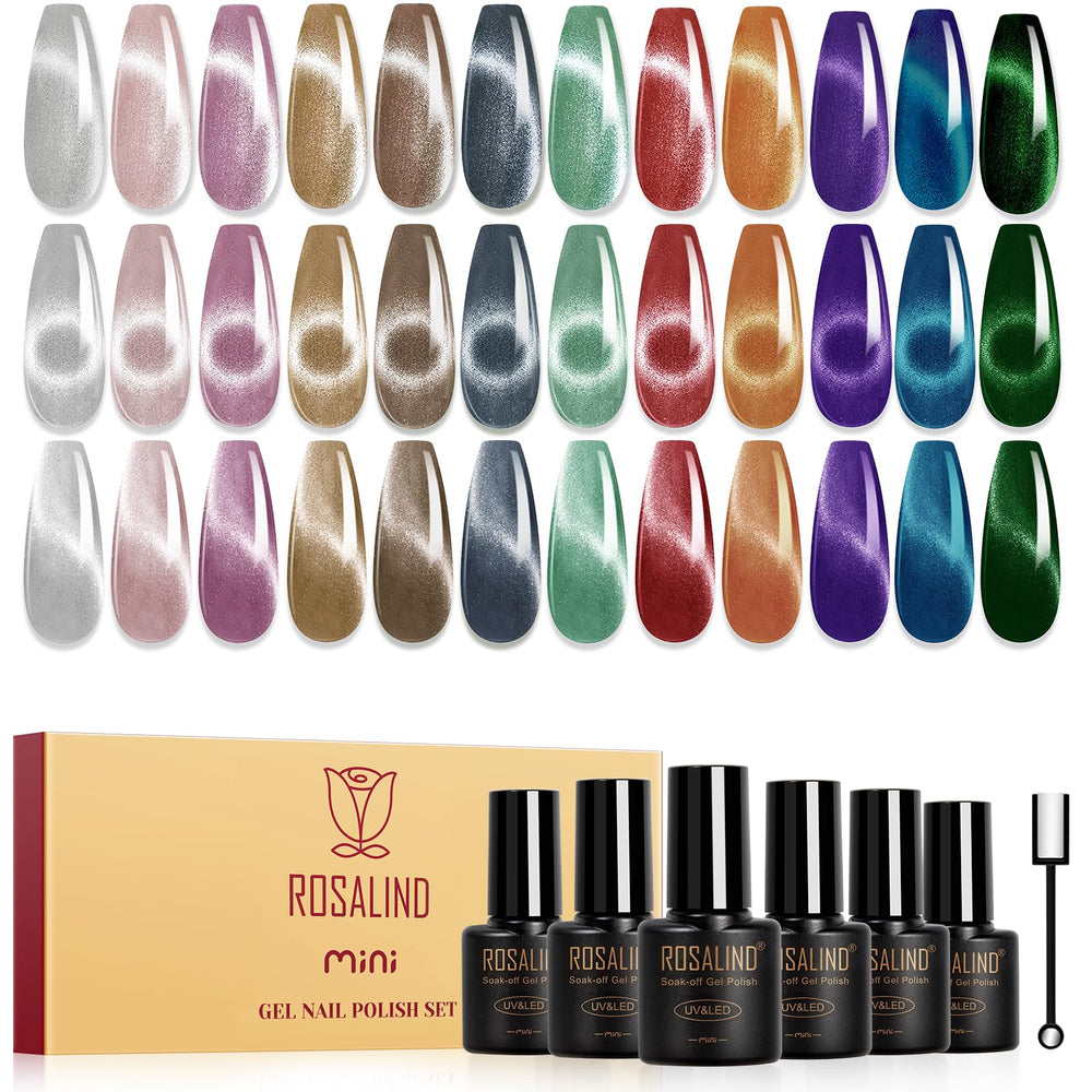 ROSALIND cat eye gel nail polish packshot showing 12 colors and magnet for glam nails.