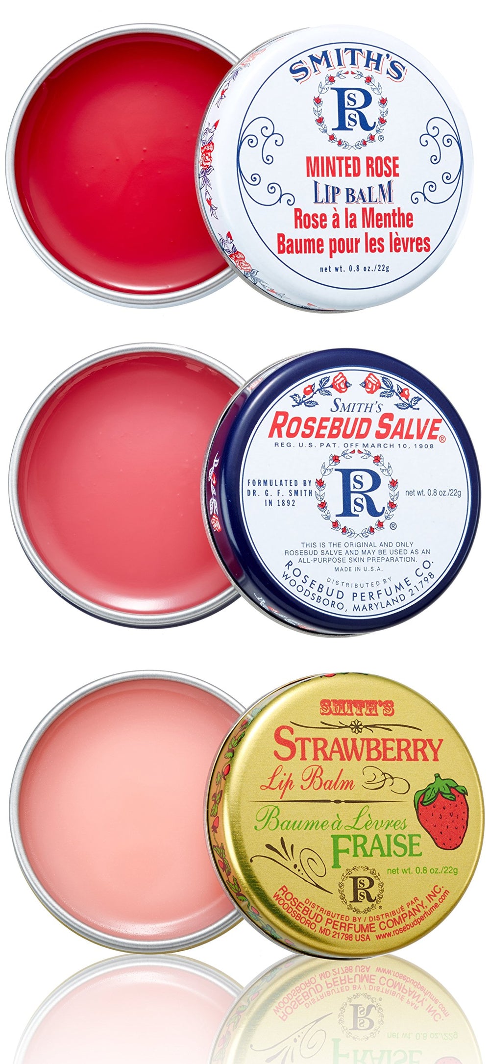 Rosebud Salve packaging highlights three lavish layers lip balm for on-the-go hydration.