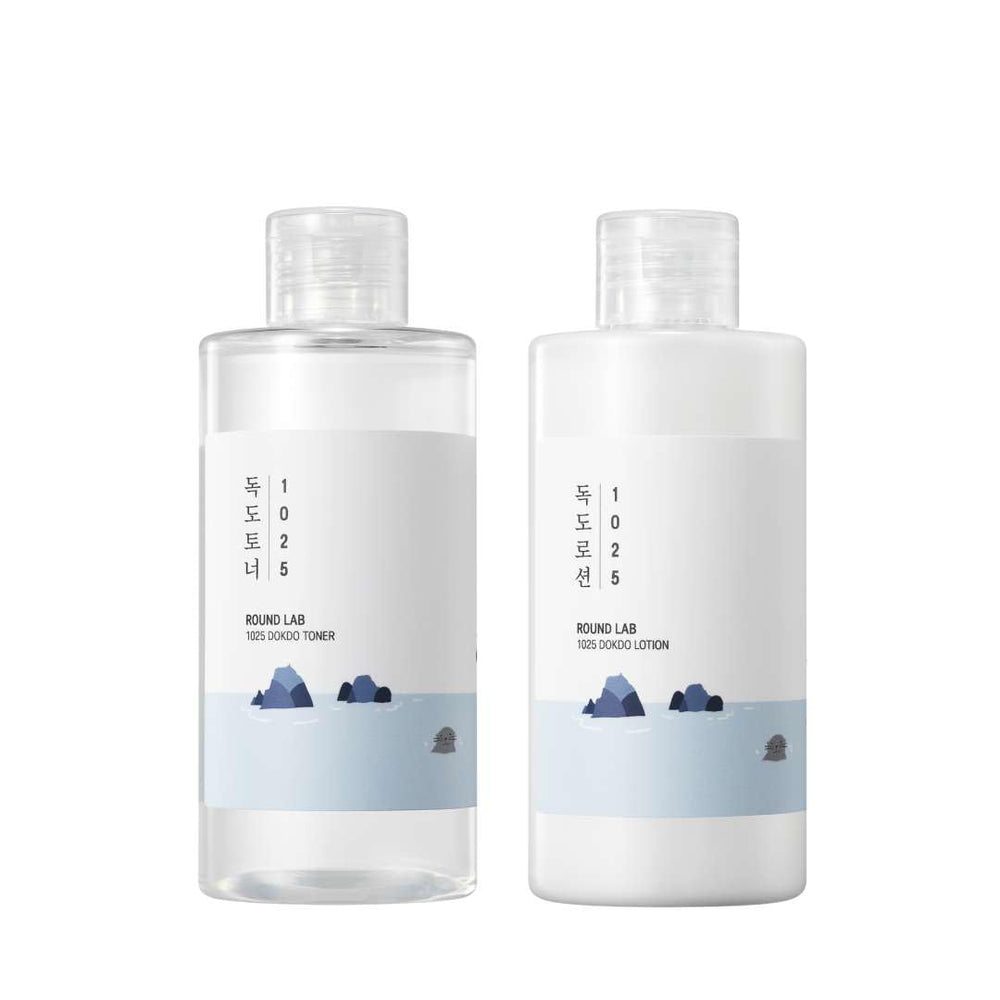Round Lab Dokdo Toner bottle pour demonstrates hydrating, gentle exfoliation preparation.