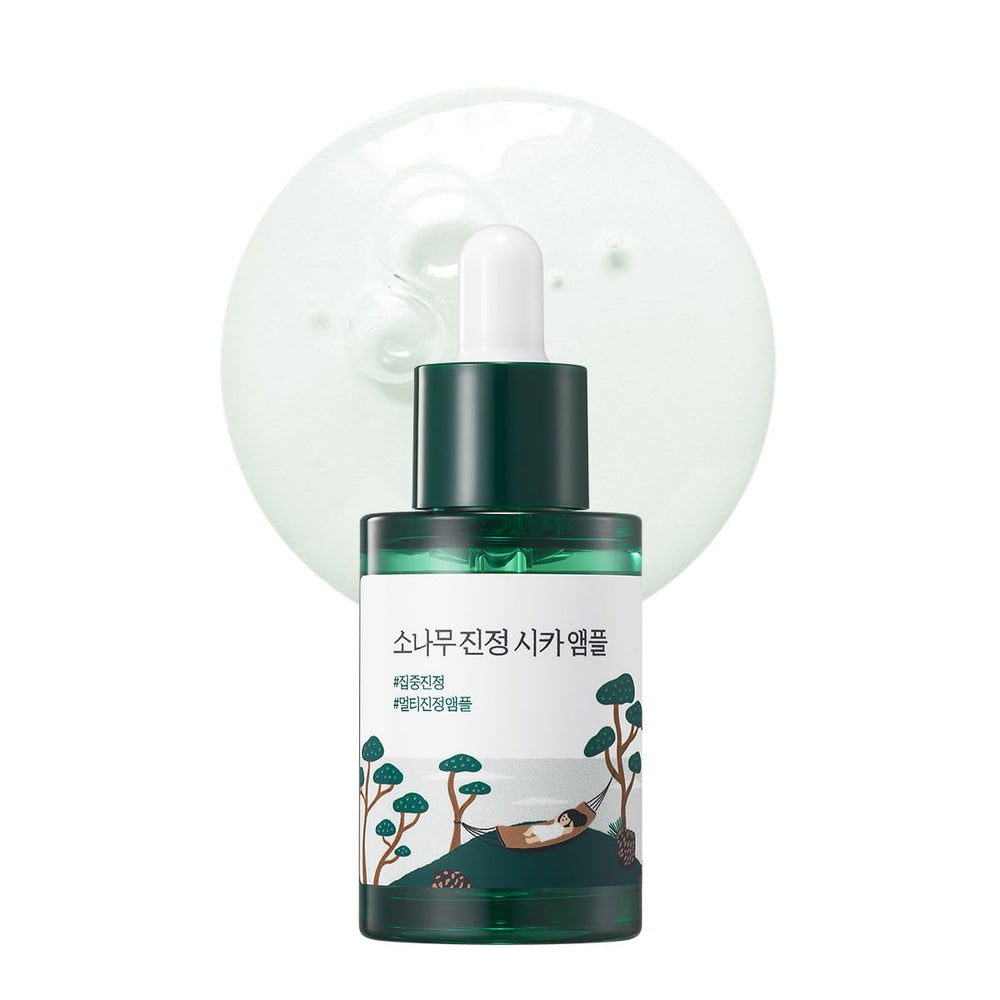 ROUND LAB Pine Calming Cica Ampoule bottle delivering soothing hydration for sensitive skin barrier support.