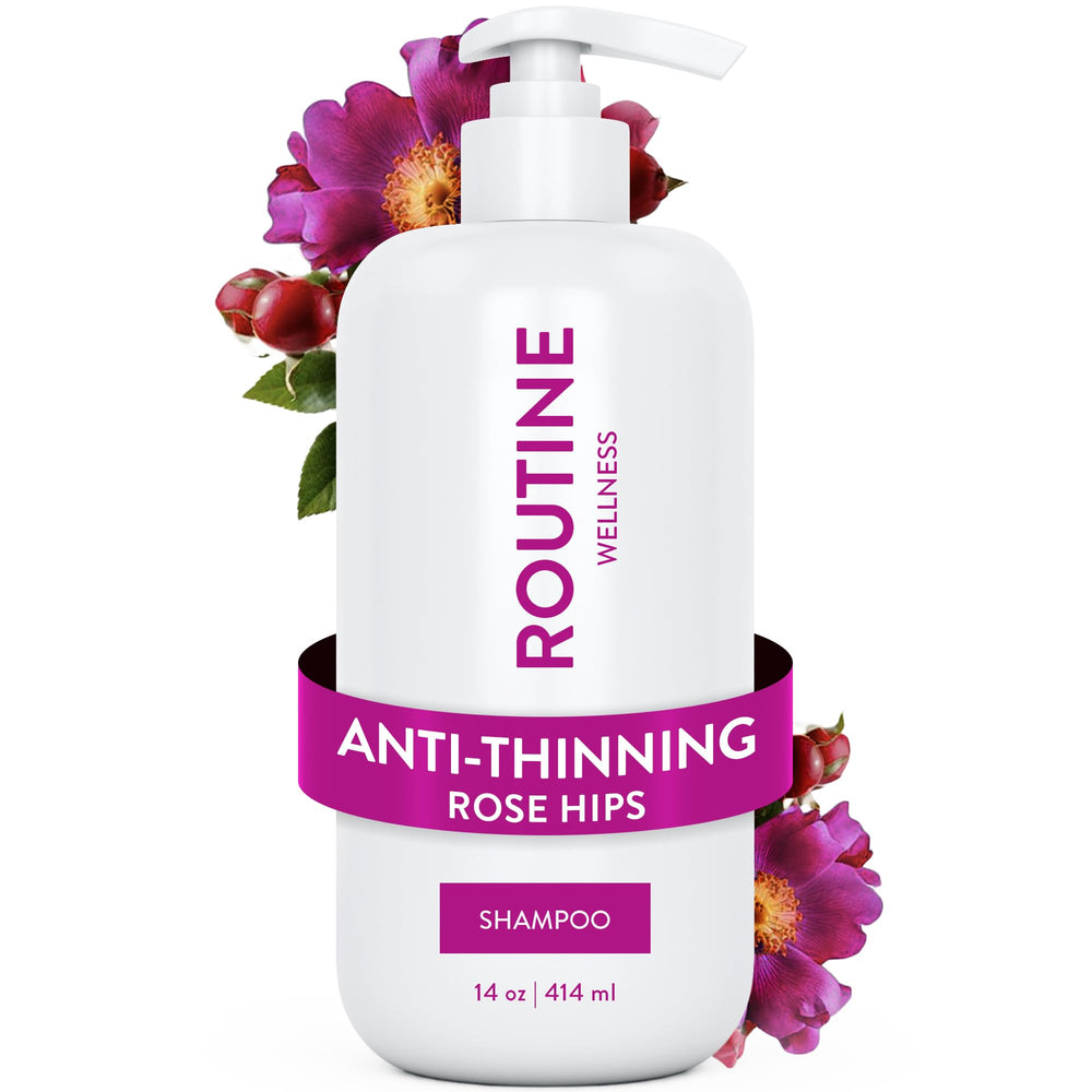 Routine Wellness Anti-Thinning Shampoo bottle front shows color-safe fuller-looking hair.
