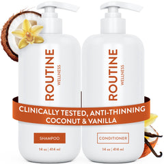 Routine Wellness anti-thinning shampoo bottle front view promotes fuller-looking hair.