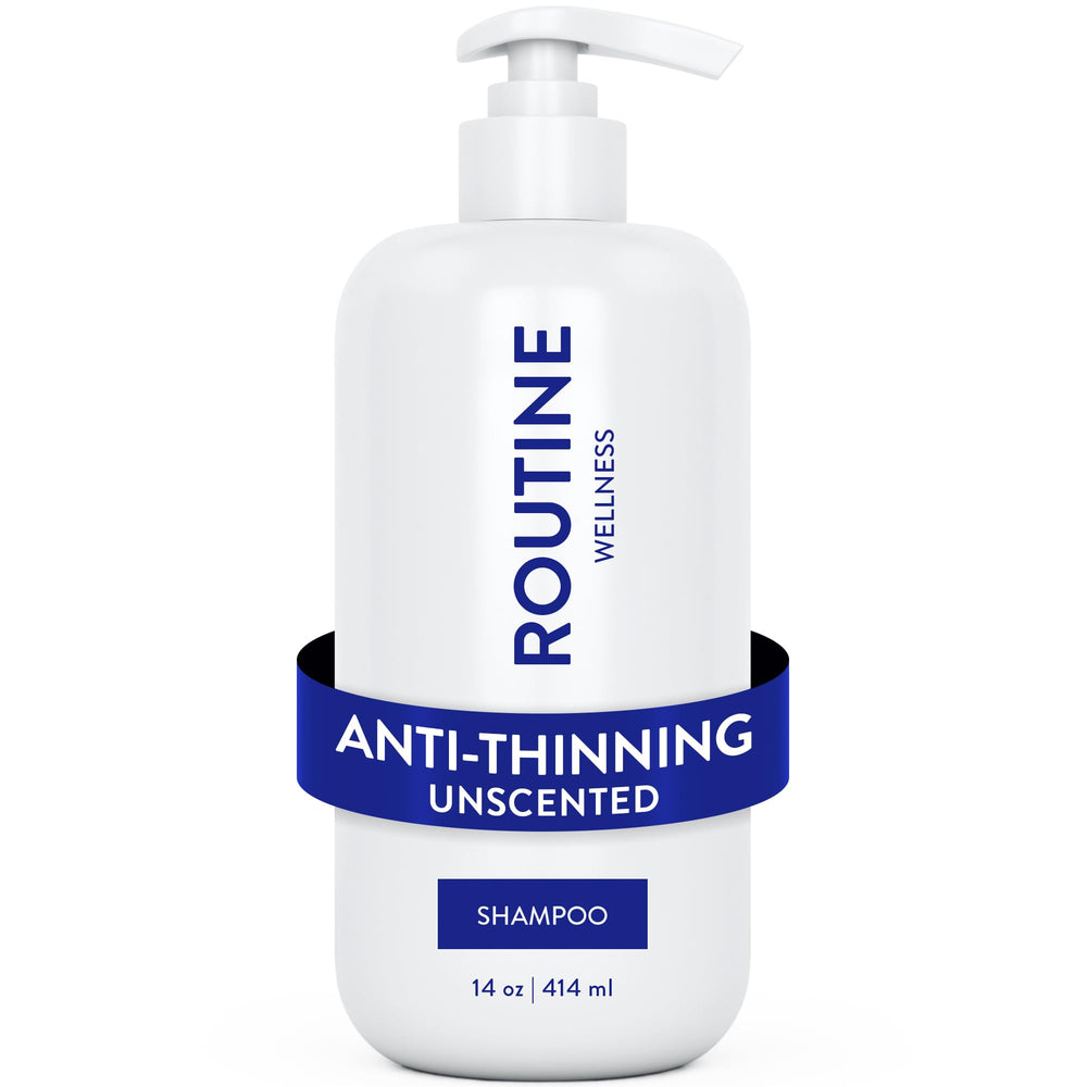 Routine Wellness anti-thinning shampoo bottle pour shows color-safe, sulfate-free cleansing for thinning hair.