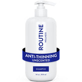 Routine Wellness anti-thinning shampoo bottle pour shows color-safe, sulfate-free cleansing for thinning hair.