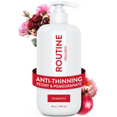 Routine Wellness Anti-Thinning Shampoo bottle pouring reveals rich lather for fuller-looking hair