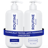 Routine Wellness anti-thinning shampoo bottle shows pea peptides for fuller-looking hair