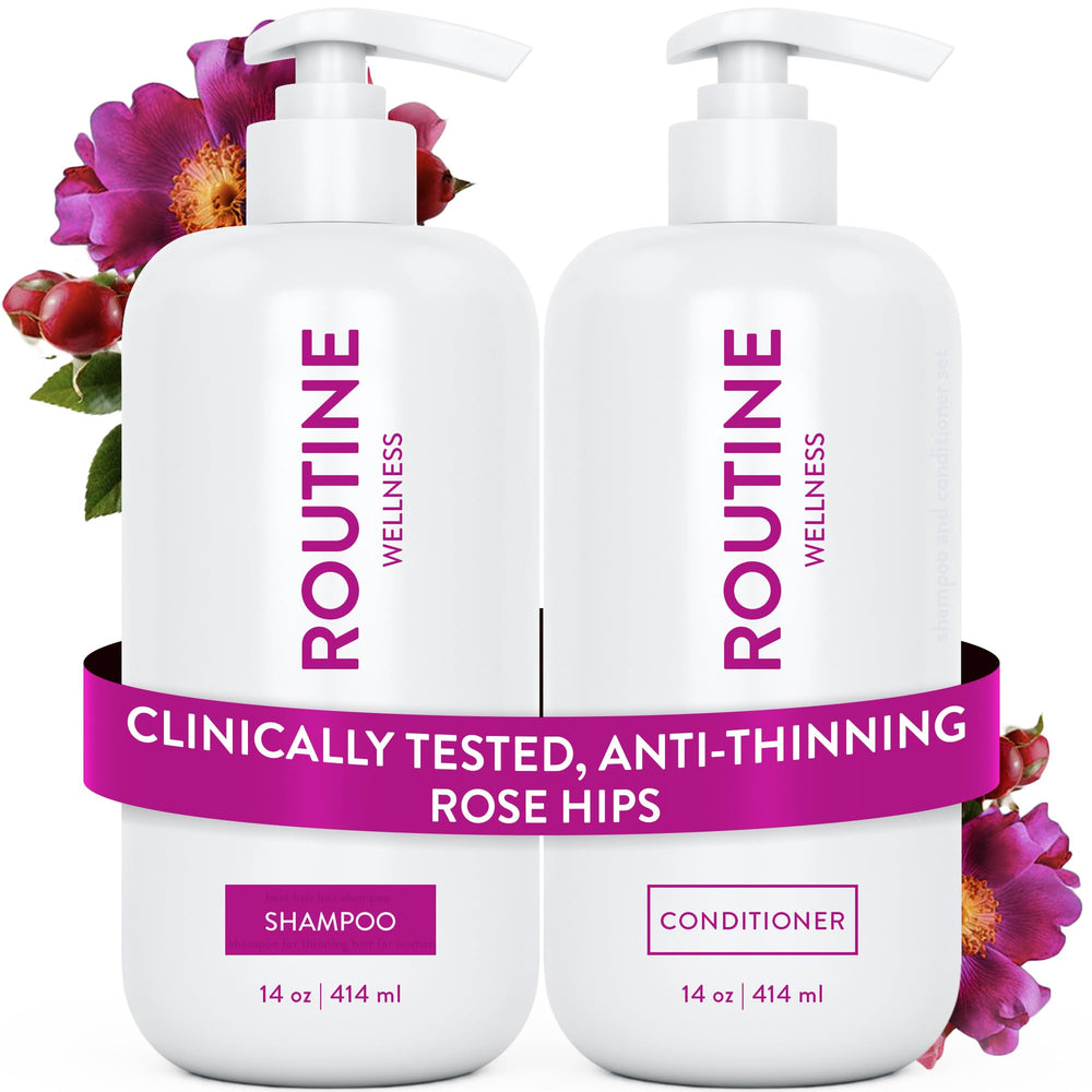Routine Wellness anti-thinning shampoo bottle promoting fuller-looking roots.