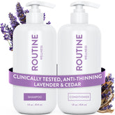 Routine Wellness anti-thinning shampoo bottle—sleek packaging for fuller-looking hair support.