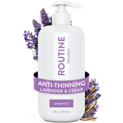 Routine Wellness Anti-Thinning Shampoo lavender-cedar bottle highlights color-safe formula and soothing scent.