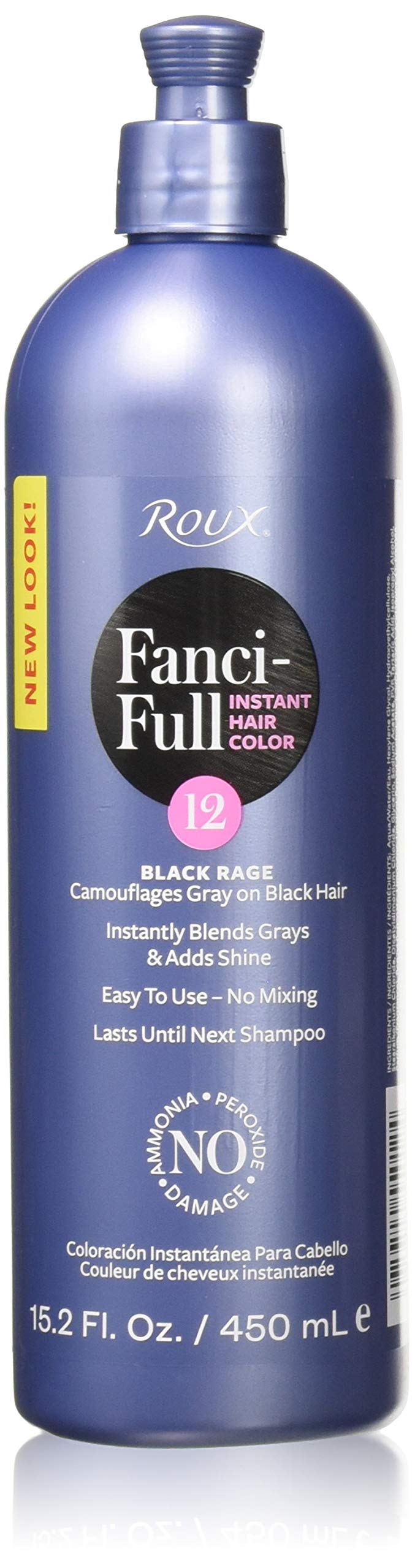 Roux Fanci-Full Black Rage color rinse bottle shows temporary gray coverage and shine.