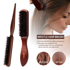 ROVDI wooden boar-bristle brushes gliding through hair for smooth detangling and shine