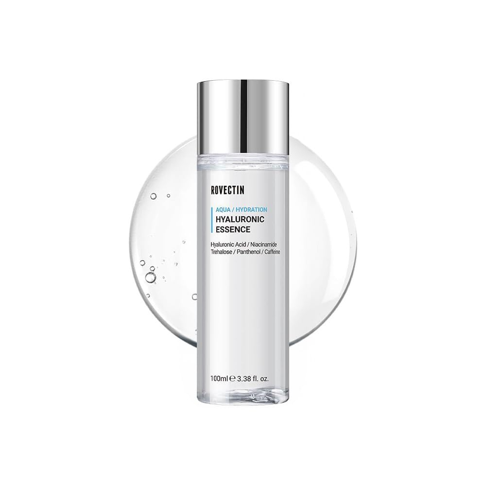 ROVECTIN Aqua Hyaluronic Essence bottle close-up highlighting hydrating toning action for plump skin.