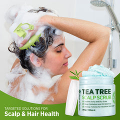 Roycederm Tea Tree Scalp Scrub bottle back highlights ingredients for balanced scalp care.