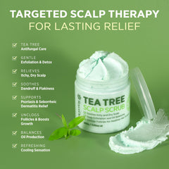 Roycederm Tea Tree Scalp Scrub bottle close-up emphasizes texture for exfoliating scalp care.