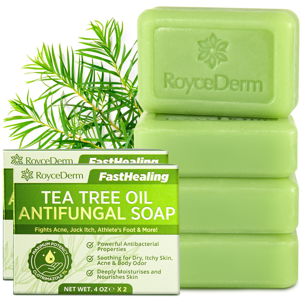 Roycederm Tea Tree Soap packaging highlights a natural cleansing solution for skin health