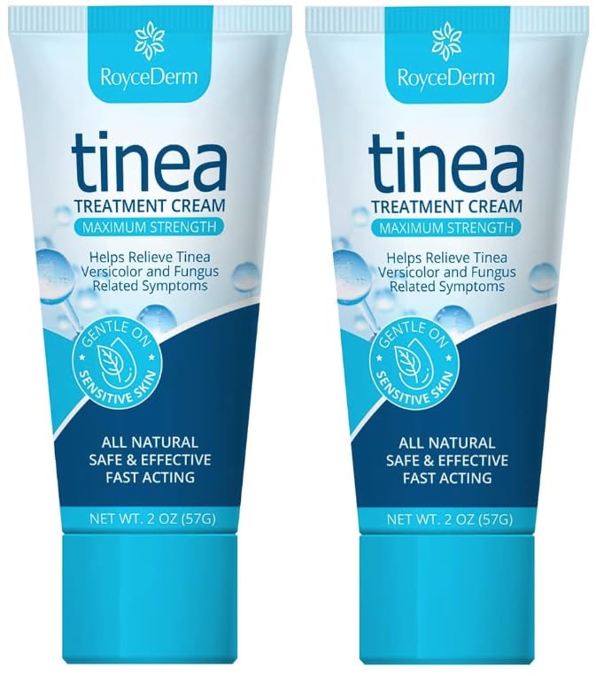 Roycederm tinea-versicolor-treatment bottle demonstrates targeted fungal skin care for common discoloration and may help soothe itching.