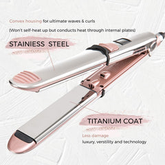 Rozamor flat iron side view highlighting compact design for easy handling.