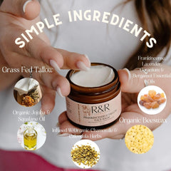 R&R Collective Frankincense Tallow Face Moisturizer ingredients label highlights grass-fed tallow and frankincense