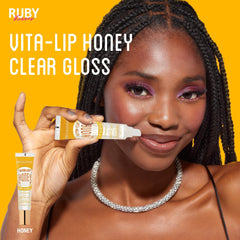 Ruby Kisses Broadway Vita-Lip Gloss on lips delivers brilliant shine.