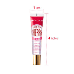 Ruby Kisses Broadway Vita-Lip Cherry swatch on lips showcases high-shine, non-greasy finish.
