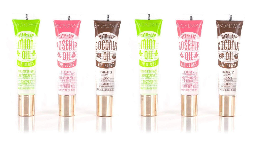 Ruby Kisses Broadway Vita-Lip Gloss Pack Front, empaque elegante para llevar y hidratar labios.