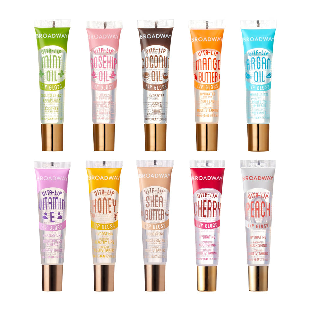 Ruby Kisses Broadway Vita-Lip Gloss pack shot shows vitamin-enriched hydration for daily lips.
