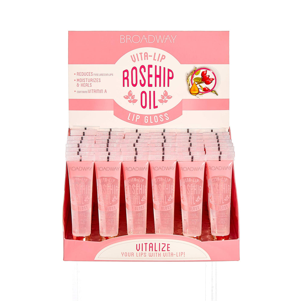 Ruby Kisses Broadway Vita-Lip Gloss rosehip bottle highlighting hydration for daily lips