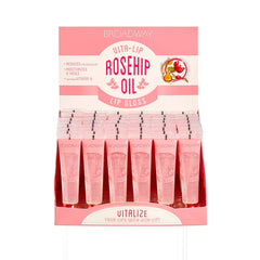 Ruby Kisses Broadway Vita-Lip Gloss rosehip bottle highlighting hydration for daily lips