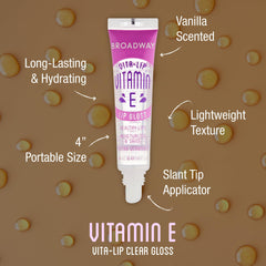 Ruby Kisses Broadway Vita-Lip Gloss tube closeup highlights non-sticky, high-shine formula with lightweight feel.