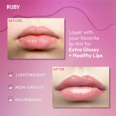Ruby Kisses hydrating lip oil wand closeup shows lightweight, non-sticky sheen.
