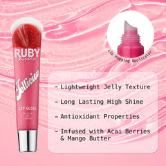 Ruby Kisses Jellicious lip gloss application shot demonstrates smooth glide onto lips.