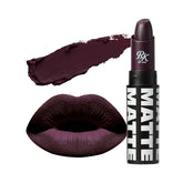 Ruby Kisses Blackberry lipstick close-up shows bold pigment for all-day color.