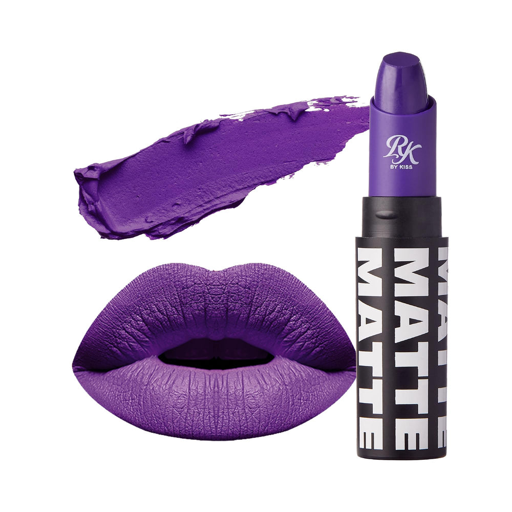 Ruby Kisses Ultra Matte Lipstick Purple Affair tube shows rich, long-lasting color.